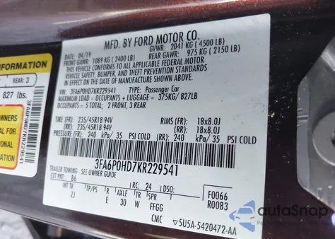 2019 Ford Fusion Se из США, поврежденный, VIN 3FA6P0HD7KR229541